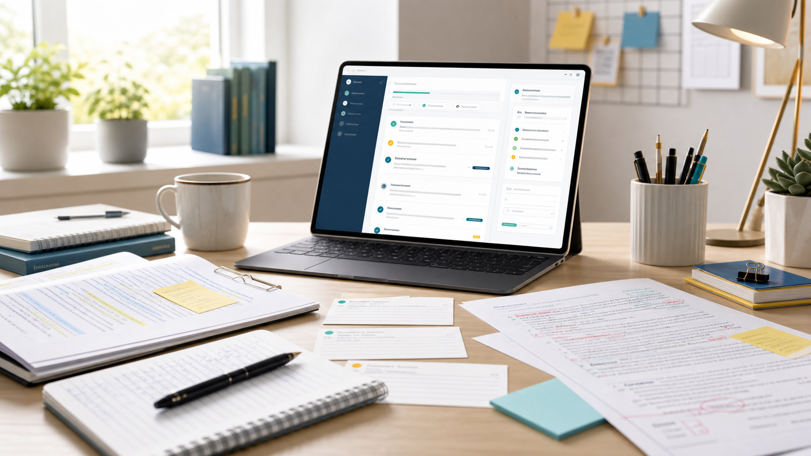 Academic writing workspace with research notes, documents, and an organized online order dashboard